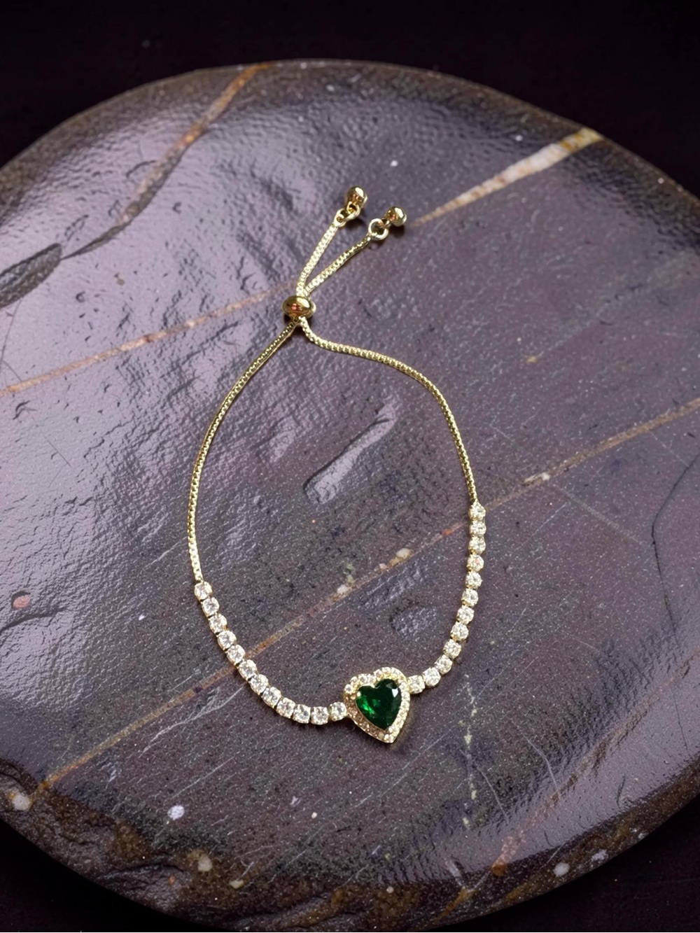 Gold Slider Bracelet with Green Heart Crystal and Clear Accents - Picture 2 of 4